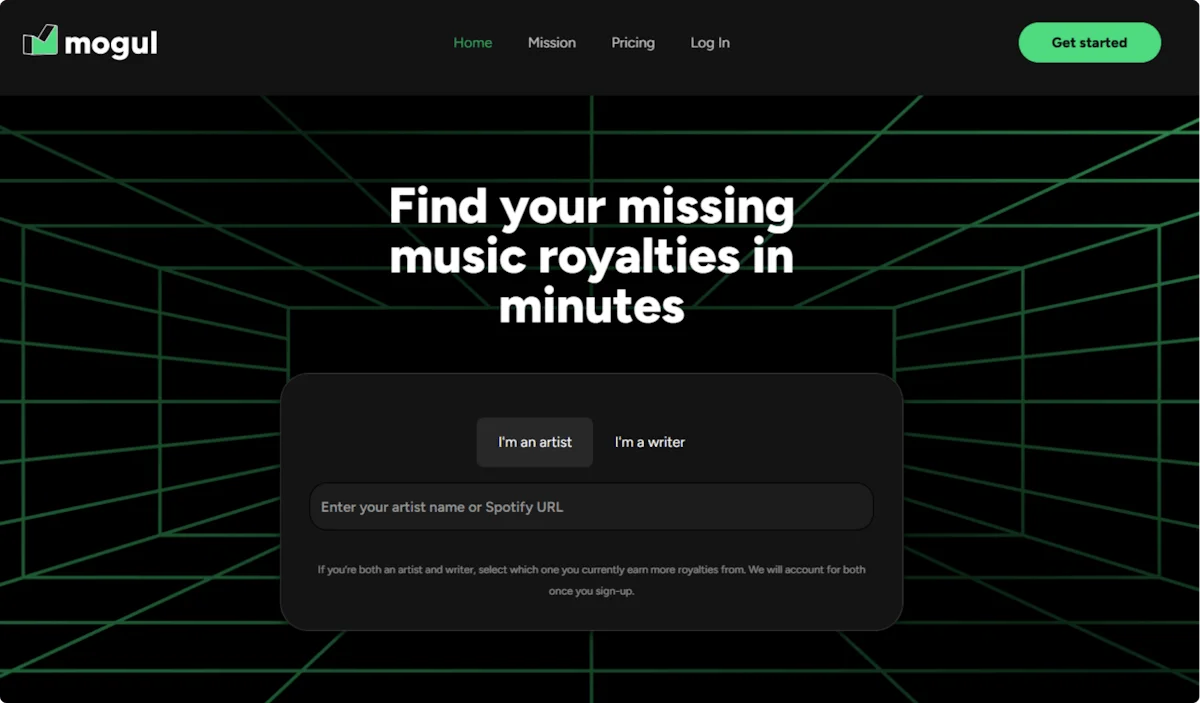 Landing page of Mogul, using Soundcharts' API Search Endpoint