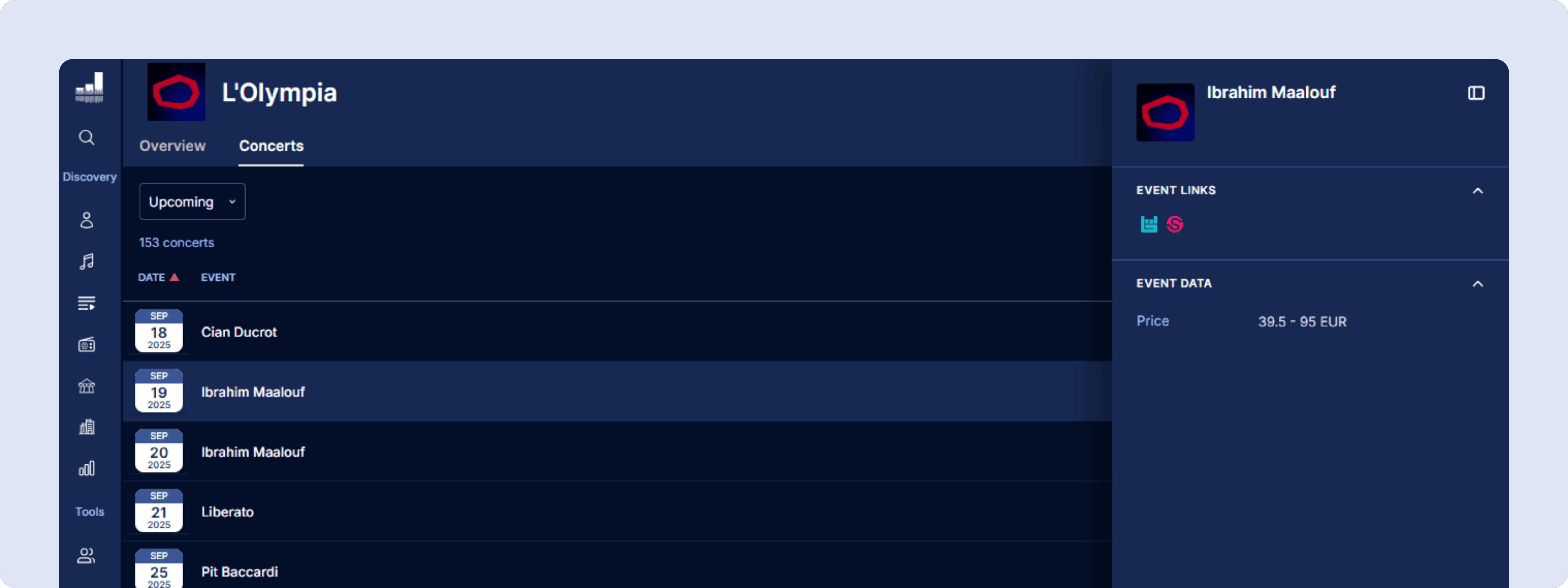 Concerts tab on venues