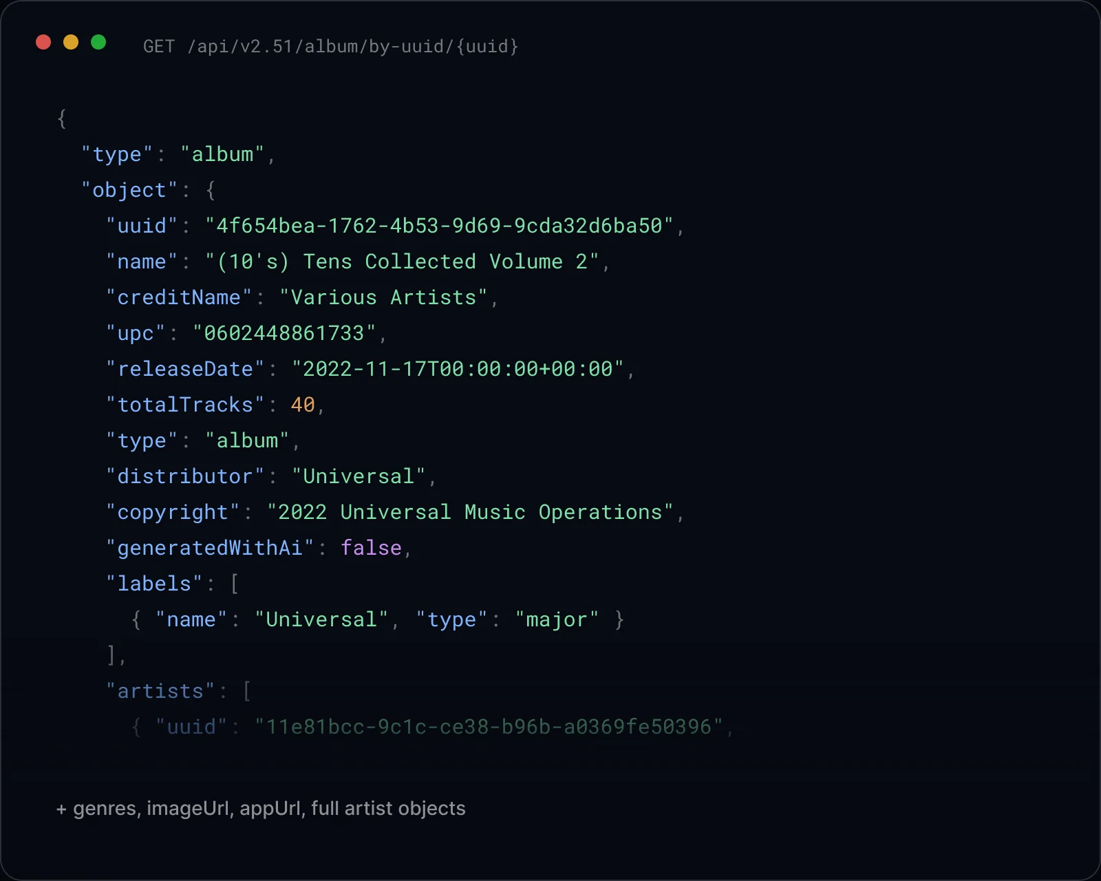 Album metadata payload