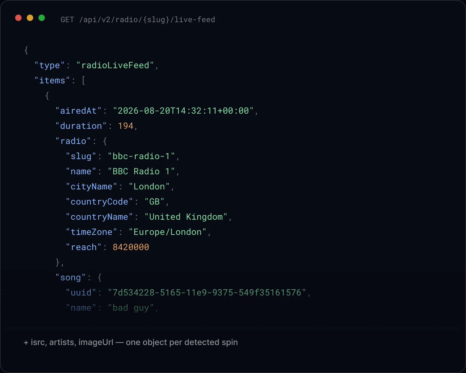 Radio airplay live feed payload